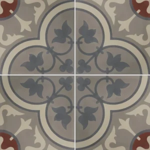 carreau de ciment véritable, rosace, couleurs harmonieuses anthracite, écru et rouge motif traditionnel et élégant CARODECO.