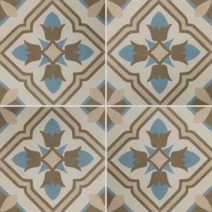 Carreau ciment CARODECO SH111-1 motif floral géométrique beige bleu et taupe style carreaux anciens décoratif