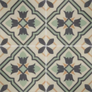 carreau de ciment traditionnel floral aux teintes douces vertes grises et ocres sur fond beige