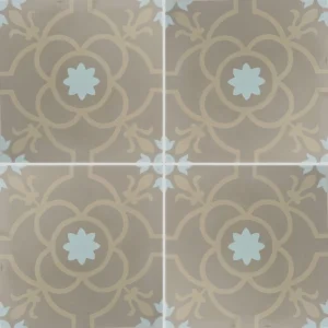 Carreau ciment CARODECO SH134-19 motif floral beige et bleu pâle style carreaux anciens doux