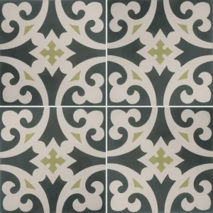 Carreau de ciment CARODECO décoratif SH5002-1 motif arabesque vert foncé et blanc style vintage