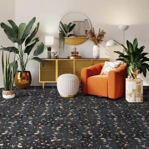 Carrelage terrazzo Black Mamba Carodeco noir avec éclats multicolores salon contemporain élégant