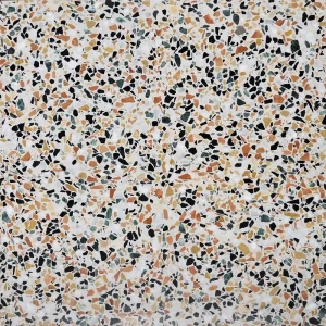 Terrazzo PP01 Carodeco fond blanc avec éclats multicolores noir, vert, ocre et blanc pour sol et mur intérieur