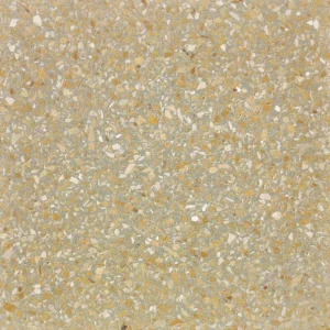 Terrazzo PP16 Carodeco fond beige avec éclats de marbre jaune, blanc et gris, motif minéral pour sol et mur intérieur