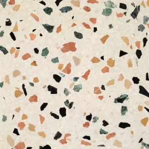 Terrazzo PPG30 Carodeco fond blanc avec éclats noir, vert et terracotta pour sol et mur intérieur contemporain