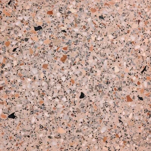 Dalle terrazzo Carodeco fond rosé avec éclats noirs blancs et terracotta