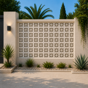 Claustra Flora blanc ciment Carodeco : mur décoratif ajouré design pour extérieur, terrasse ou piscine contemporaine.