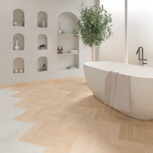 Salle de bain avec carrelage effet terre cuite CLAY Rectangle Natural Carodeco posé en chevrons