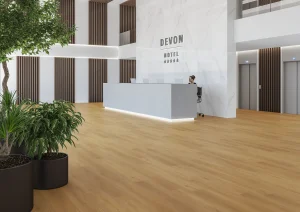 Espace accueil, sol imitation parquet Chêne miel CARODECO, teinte bois chaleureux et naturel, aspect élégant et contemporain.