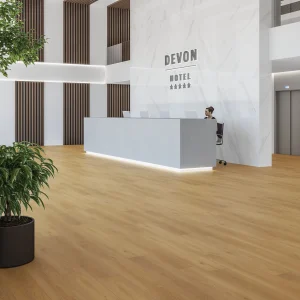 Espace accueil, sol imitation parquet Chêne miel CARODECO, teinte bois chaleureux et naturel, aspect élégant et contemporain.