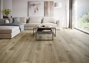 Salon lumineux avec sol imitation parquet SPC Chêne sablé CARODECO, aspect bois naturel et élégant, ambiance chaleureuse.