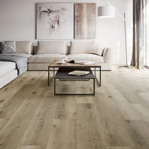 Salon lumineux avec sol imitation parquet SPC Chêne sablé CARODECO, aspect bois naturel et élégant, ambiance chaleureuse.